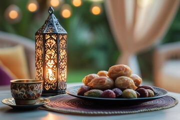 Evening gathering with lantern and dates, celebrating Ramadan Kareem in a cozy setting.