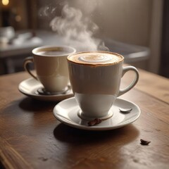 Obraz premium A steaming cup of coffee with cornetti on a ceramic table, table, ceramic