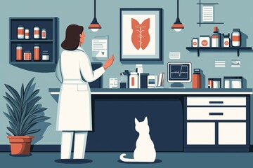 In a veterinary medicine clinic, a professional discusses animal treatment while a cat observes. Focusing on animal wound care and patient health is essential.