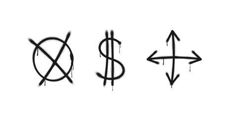 Graffiti drawing symbols set. Painted graffiti spray pattern of currency icon of dollar, arrows and cross in circle sign. Spray paint elements. Street art style illustration. Vector.