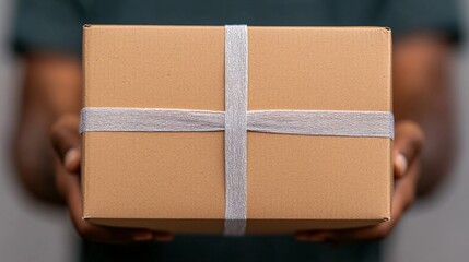 Person holding a small, brown cardboard box secured with white tape.