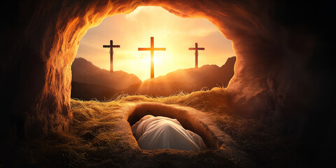 Jesus christ body lying in tomb with three crosses during sunset: resurrection, easter concept