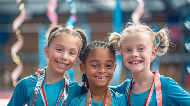 Young gymnasts proudly display their medals, celebrating their success and hard work. They embody the spirit of teamwork, friendship, and the pursuit of achievement. - Powered by Adobe