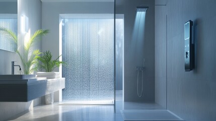 A contemporary smart shower with customizable settings and a sleek design in a modern bathroom, representing advancements in personal care and home comfort, Bathroom scene