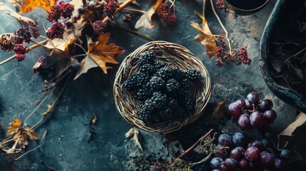 Rustic table setting with natural textures and produce