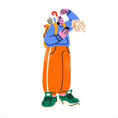Tourist traveler with hiking backpack. Cartoon character on a hike with a bag goes on an adventure and searches for a way with the help of maps. Doodle mascot in retro style