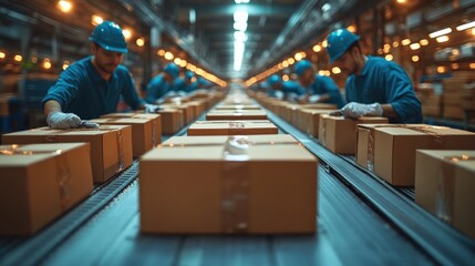 Workers in Blue uniforms Sorting Cartons on Production Line in a Large Warehouse with Bright Overhead Lights and Organized Packaging Area