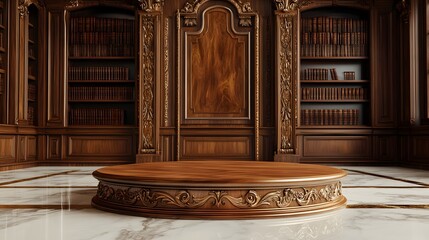Elegant wooden podium in a luxurious vintage library interior