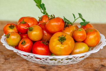 tomates maduros e frescos em uma fruteira