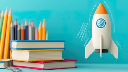 Bright and Imaginative Scene Featuring Books and Colored Pencils, Books and pencils rocket sketch concept.