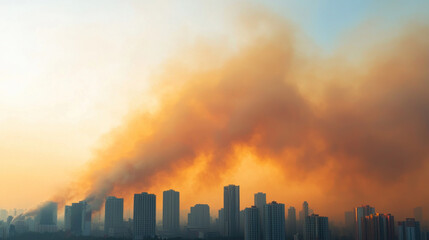 Fototapeta premium Dense smoke from wildfire billows over city skyline at sunset, creating dramatic contrast between orange sky and tall buildings. scene evokes sense of urgency and environmental concern