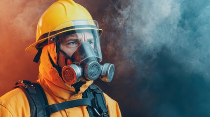 Obraz premium firefighter wearing protective mask and helmet stands against smoky background, showcasing determination and readiness in hazardous environment