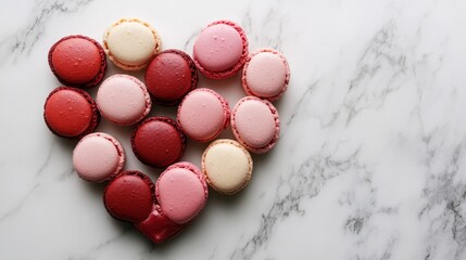 Obraz premium Colorful Heart-Shaped Arrangement of Macarons on Marble Surface