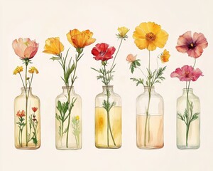 Obraz premium Colorful flowers in glass bottles display elegance.