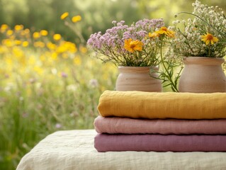 Colorful flowers in rustic pots with linens.
