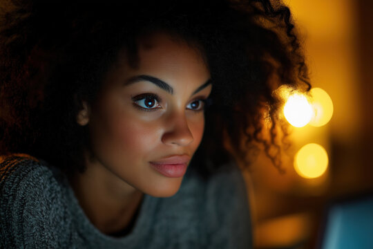 Woman relaxing with cozy lighting in the background, African American, young adult, concept of warmth and relaxation - Powered by Adobe