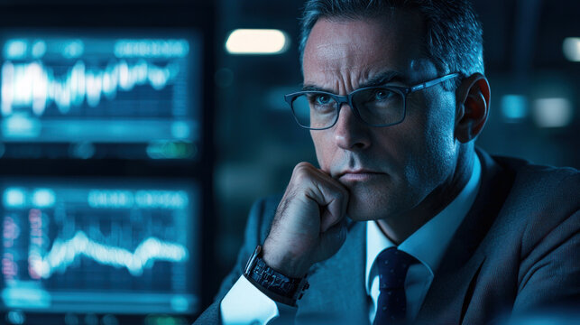 Focused executive analyzing charts under soft spotlight in modern office. atmosphere conveys concentration and determination, highlighting importance of data driven decisions