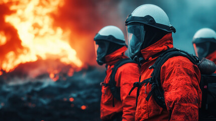 Naklejka premium Group of firefighters in protective gear standing near large fire, showcasing teamwork and bravery in dangerous environment. Their focus and determination are evident