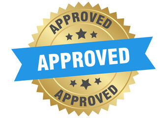 approved. approved round blue and gold label isolated on transparent background
