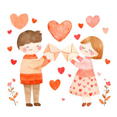 Happy couple exchanging love letters with hearts and flowers around them, showcasing affection and joy in whimsical, colorful illustration. Perfect for Valentine Day