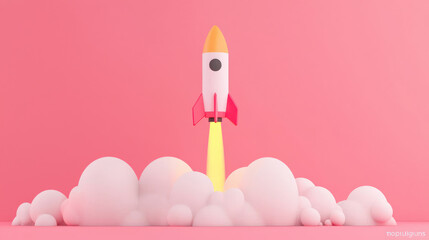 colorful rocket launching into sky symbolizes innovation and new ventures, surrounded by fluffy clouds against vibrant pink background