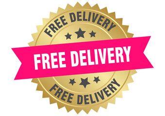 free delivery. free delivery round pink and gold label isolated on transparent background