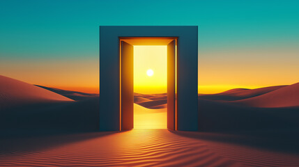 Open door to new possibilities in a surreal desert landscape at sunset