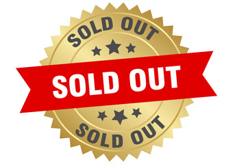 sold out. sold out round red and gold label isolated on transparent background