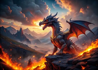 Aerial View of Fiery Dragon Soaring Over Volcanic Landscape