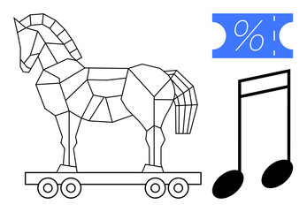 Geometric Trojan horse on wheels, black musical note, and blue discount ticket with percentage sign. Ideal for technology security, music industry, promotions, marketing strategies, data breaches