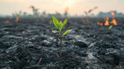 small green plant emerges from charred earth, symbolizing resilience amidst smoldering remains of forest fire. background features faint flames and hazy sunset