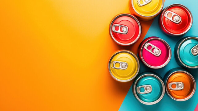 Vibrant flat lay of colorful non alcoholic beverage cans on bright background, showcasing variety of refreshing drinks in vivid hues
