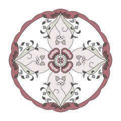 Mandala. Relaxed cat meditating. Colors. Pink burgundy, gray, green.