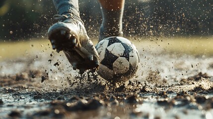 Action Shot of Soccer Player Kicking a Ball in Muddy Field