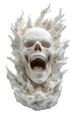 Naklejka premium Creepy white skull sculpture with flames and eerie expression for spooky decor