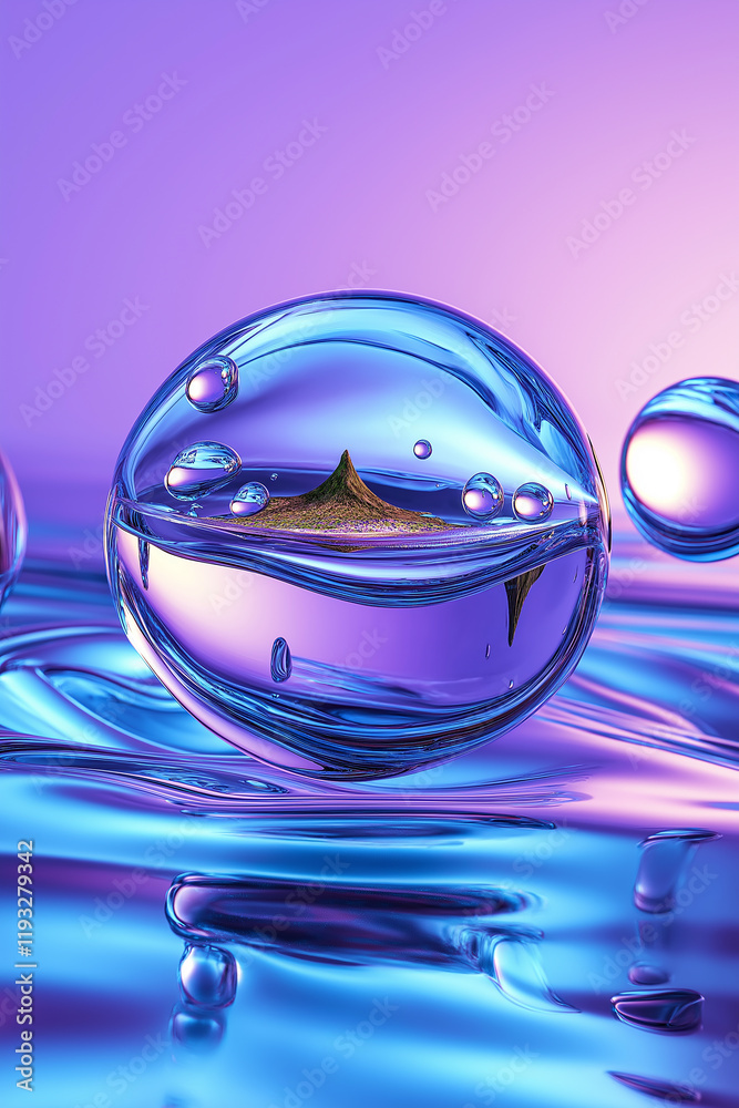 Poster transparent bubbles floating on water surface with island inside: surreal concept