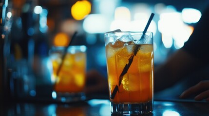 Nighttime Bar Scene with Iced Tea and Straws