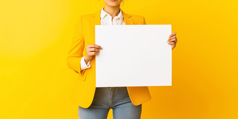 Faceless woman in mustard yellow suit holding a medium sized blank paper, yellow background