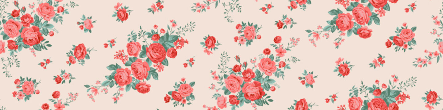 Seamless spring vector pattern with floral roses motif for dress fabric