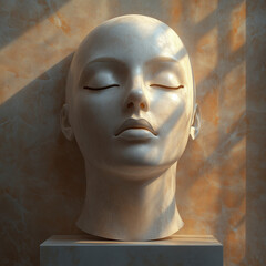 Elegant mannequin head with closed eyes and a serene expression, highlighted by soft light and shadows

