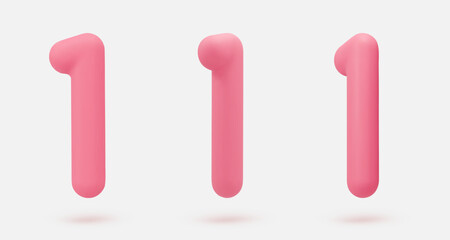 Set pink icon, 3d render number 1, one, sign. Realistic design element. Vector illustration isolated on white for postcard, icons, poster, banner, web, design, arts