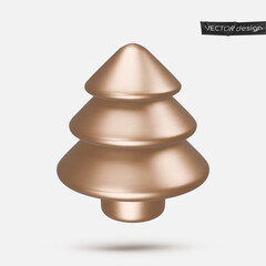 Golden 3d realistic Christmas tree with shadow isolated on white background. Vector illustration for party, design, flyer, banner, web, advertising. Happy New Year greeting card. Christmas sale