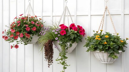 Fototapeta premium A set of decorative hanging flowers on a white background. Plants and flowers concept