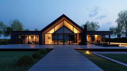 Night view of passive house with warm LED lighting, passive house, cozy and efficient lighting