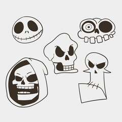 Funny cartoon skull face set vector illustration retro. Cute Monsters Face classic 80s