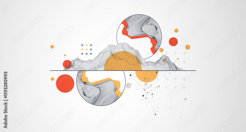 Aufkleber Trendy abstract wireframe background. Modern science or technology art elements. Surface illustration inside circles. Vector