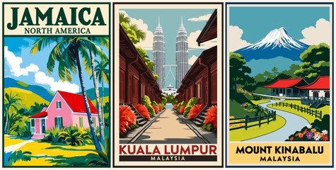 Naklejka premium Set of Travel Destination Posters in retro style. Jamaica, Kuala Lumpur, Mount Kinabalu, Malaysia. Exotic summer vacation, holidays concept. Vintage vector colorful illustrations. 