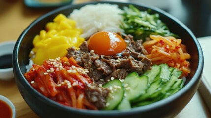 Close-up of rice and Korean bibimbap with vegetables and beef in a traditional Korean bowl, emphasizing colorful and balanced nature. Ideal for Korean cuisine and healthy meals.