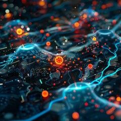 A computer chip with a red ball on it. The red ball is surrounded by many other red dots