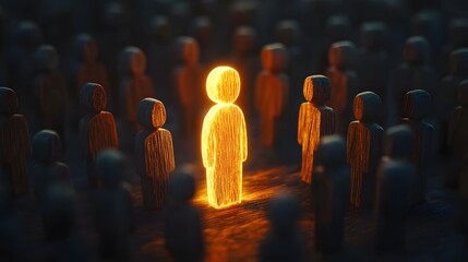 Obraz premium Glowing figure stands surrounded by dark silhouettes in an abstract representation of individuality and isolation